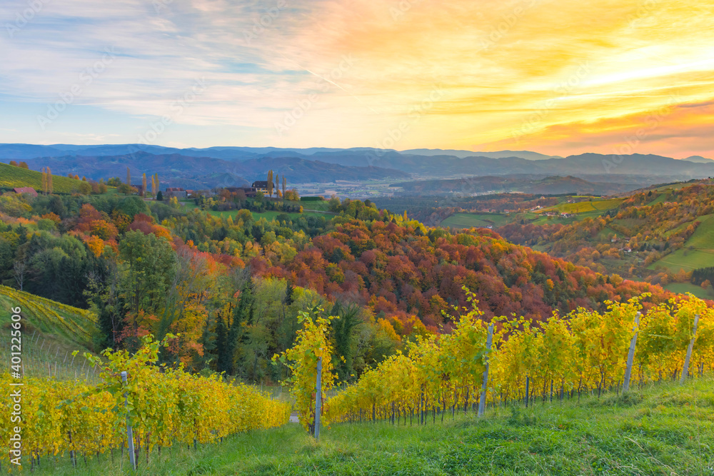Autumn landscape with South Styria vineyards, known as Austrian Tuscany, a charming region on the border between Austria and Slovenia with rolling hills, picturesque villages and wine taverns