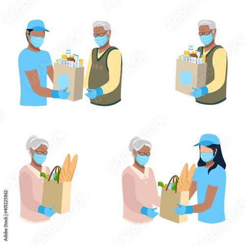Delivery of food and medicine to the elderly. People in protective masks and gloves. Social protection and assistance to the elderly. Set of isolated vector illustration in flat style.