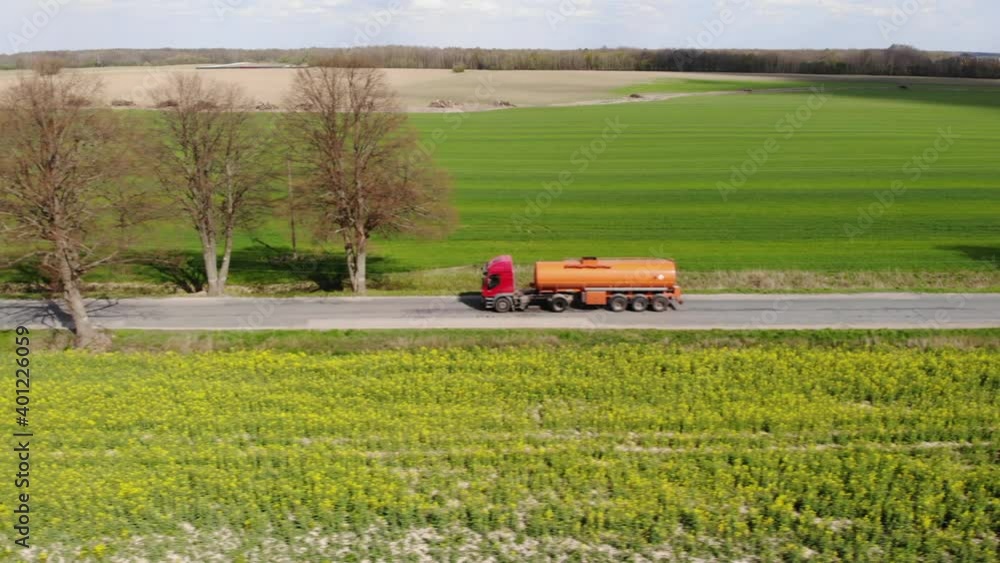 Gasoline Tanker, Oil trailer, Truck on Highway. Aerial View Gasoline Tanker Riding Through Empty Rural Road. Oil trailer, Road on Countryside, Asphalt Road, Aerial View Spring Agricultural Fields. Gasoline Tanker, Oil trailer, Truck on Highway. Aerial View Gasoline Tanker Riding Through Empty Rural Road. Oil trailer, Road on Countryside, Asphalt Road, Aerial View Spring Agricultural Fields.