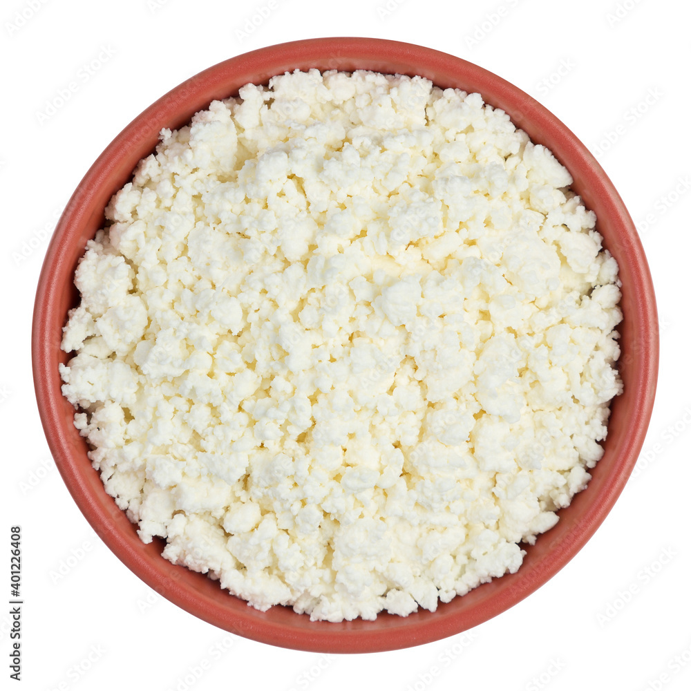 Skim cheese in a brown cup isolated on white background Skim cheese in a brown cup isolated on white background