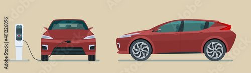 Modern electric CUV car charging isolated, side and front view. Vector flat style illustration.