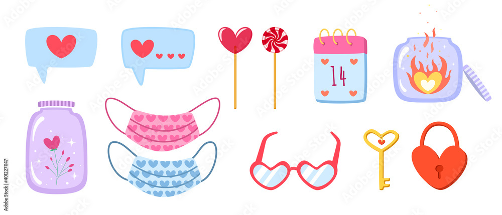 Valentine's day with love elements in cartoon style isolated. Hand drawn romantic doodles in the shape of a heart, face mask, lollipops, glasses, calendar, key and lock. Beautiful vector illustration