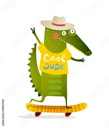Funny alligator skating on skateboard, wearing hat and t shirt with sign cool dude. Cute animal doing sport cartoon for kids, watercolor style vector character design.