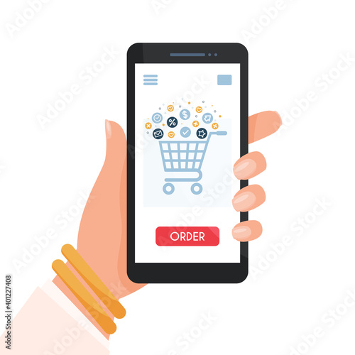 Woman hand holding smartphone. Online shopping. vector illustration