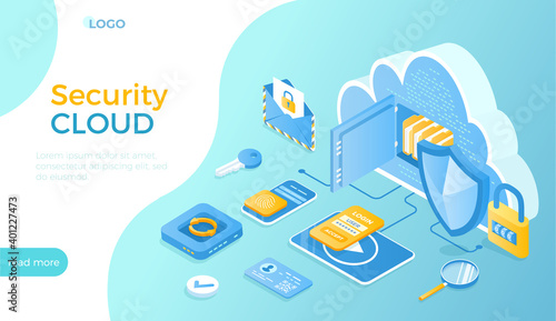 Cloud security and Personal data protection. Cyber security and network protection. Cloud storage, password, lock, personal identification. Isometric vector illustration for website.
