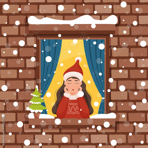 Girl looking from the window. Winter scene. Vector illustration.