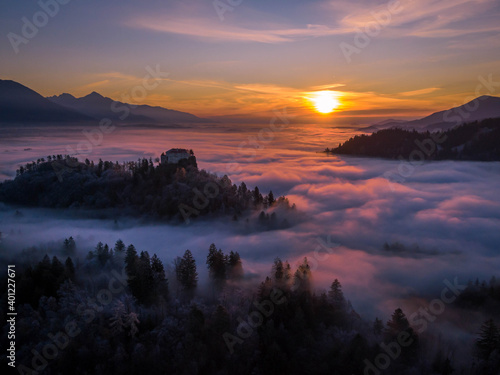 Sunrise, a sea of clouds and Bled Castle