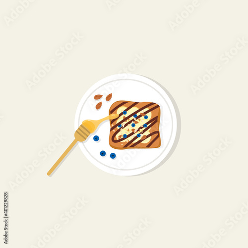 Banana and berry toast with almond, oat flakes, granola, honey and syrup on top of it. Top view healthy breakfast, lunch sandwich with bread and fruits on plate. Colorful vector illustration.