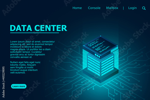Datacenter isometric vector illustration. Data center room background. Computer storage or farming workstation. Vector illustration