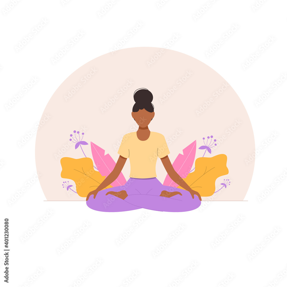 Black woman meditating in nature and leaves. Diversity yoga class. Concept illustration for yoga, meditation, relax, balanced, healthy lifestyle. Vector illustration in flat cartoon style.
