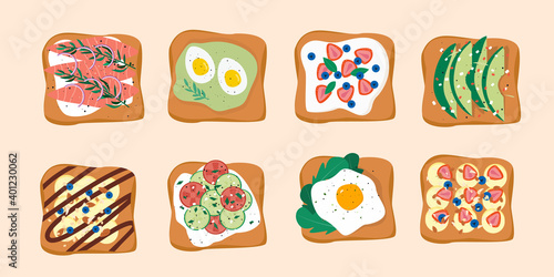 Morning healthy breakfast food concept. Set of various toasts. Salmon, fish, fried and steamed eggs, avocado slices, banana, almond, chocolate syrup, berries. Vector illustration flat cartoon style.
