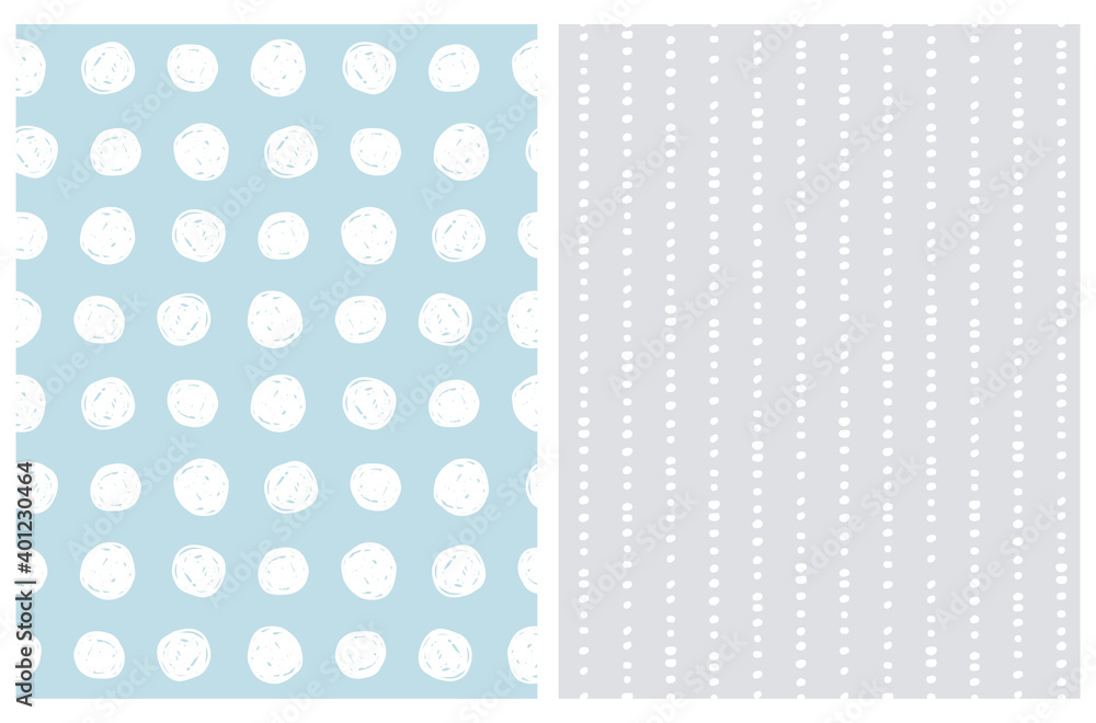 Seamless Hand Drawn Vector Patterns Set. White Irregular Dots and Spots Isolated on a Pastel Blue and Light Gray Background. Cute Abstract Doodle Print. Scribles and Daubs Made with Brushes. Seamless Hand Drawn Vector Patterns Set. White Irregular Dots and Spots Isolated on a Pastel Blue and Light Gray Background. Cute Abstract Doodle Print. Scribles and Daubs Made with Brushes.