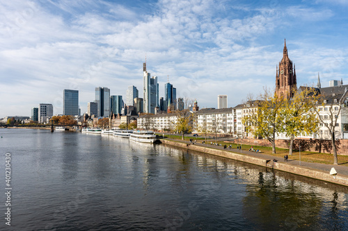 Frankfurt, Germany, November 2020: view on Frankfurt am Main, Germany Financial District and skyline, picture taken on bridge at main river