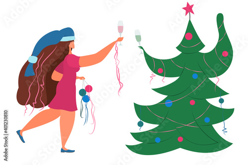 The girl celebrates Christmas with a fir tree during quarantine. A woman in a New Year's cap and Christmas decorations drinks champagne. Isolated on white.