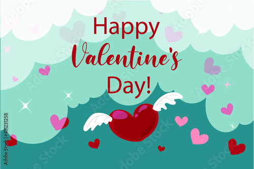 Background with hearts and clouds. Flying hearts. Valentine's Day