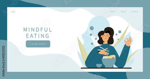 Cute woman practicing mindful eating exercise in nature and leaves. Concept illustration for meditation, relax, recreation, healthy lifestyle, mindfulness practice. Landing page, banner design