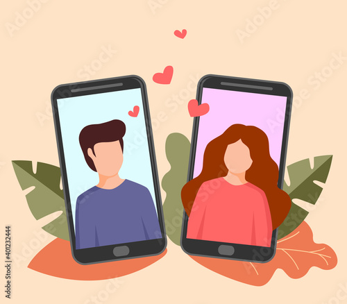 Dating in mobile application. Dating online. Smartphone with chatting boy and girl on screen. Young couple in smartphone. Social network love concept