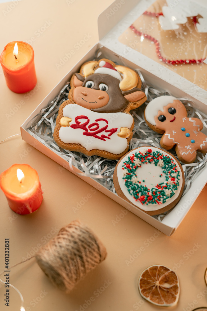 Fototapeta premium Christmas cookies, holidays celebration, warm bakery background, gingerbread 