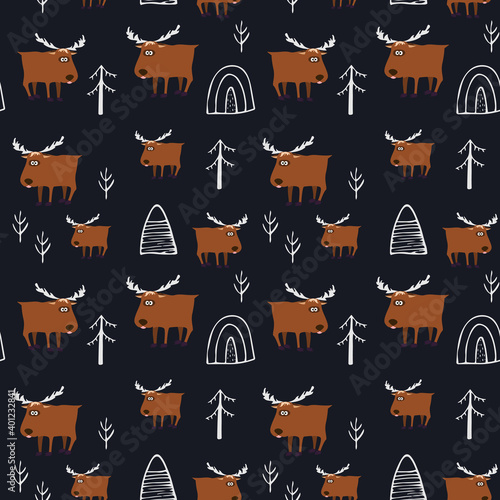A seamless pattern with a cute funny moose and trees. Vector illustration in cartoon style. Infinite texture on a dark background
