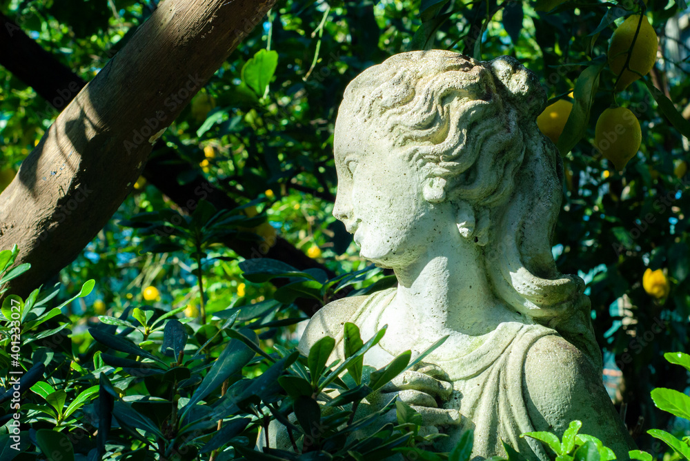 Female statue guarding a lemon grove