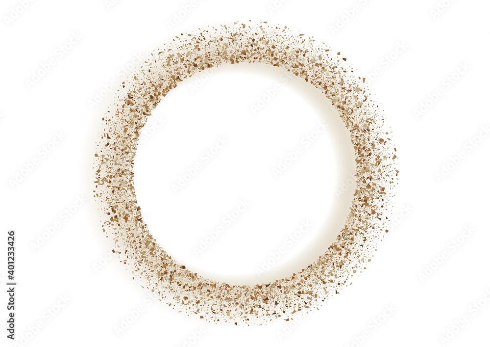 Round golden sand frame or border of random scatter golden circles isolated on white. Round golden sand frame or border of random scatter golden circles isolated on white.