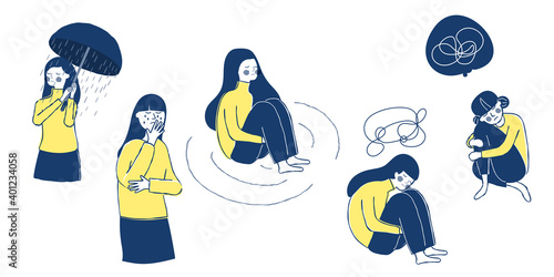 Woman in depression with bewildered thoughts in her mind. Young sad girl unhappy in various poses, Hand drawn doodle flat vector illustration design set isolatrd on white background