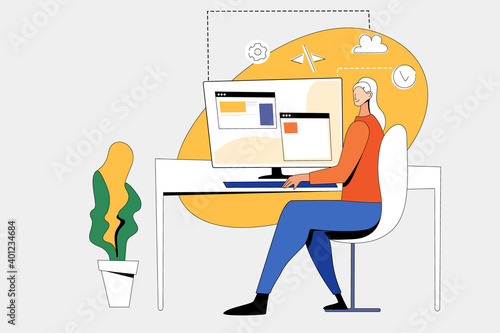 Female character works on a computer with data. Modern flat illustration of girl programmer at work table with laptop. Yellow spot cloud icons and settings, bright design, modern flower.