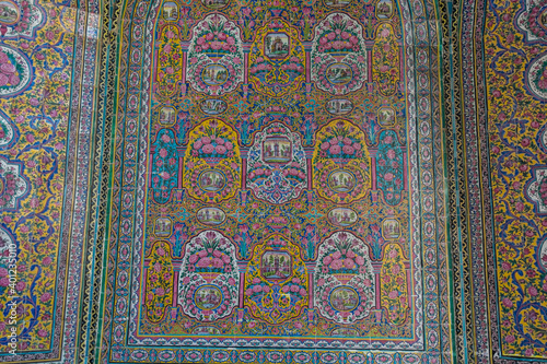 Colorful mosaic patterns on the wall of Nasir Al-Mulk Mosque (Pink Mosque) in Shiraz, Iran