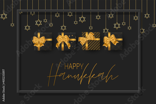 Happy Hanukkah. Traditional Jewish holiday celebration. Chankkah banner background design concept. Judaic religion decor - black luxury gift boxes with golden ribbon, David Star. Vector illustration.