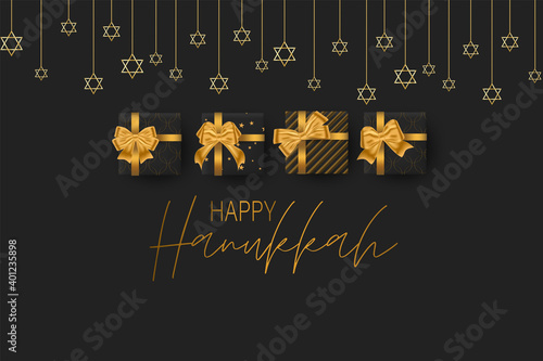 Happy Hanukkah. Traditional Jewish holiday celebration. Chankkah banner background design concept. Judaic religion decor - black luxury gift boxes with golden ribbon, David Star. Vector illustration.