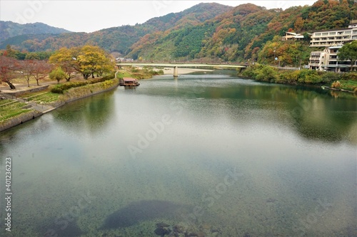View Of Nishiki river from Kintai bridge in Iwakuni, Yamaguchi prefecture, Japan - 山口県 錦川 田園風景 