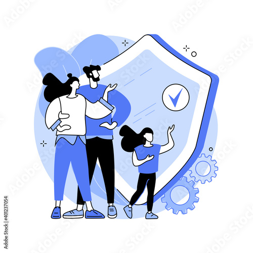 Social security abstract concept vector illustration. Social security benefit, state allowance, retirement insurance, happy disabled person, old, elderly couple, sign agreement abstract metaphor.