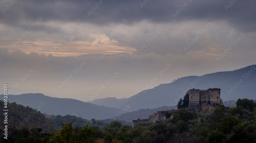 view of castle of Prata Sannita village in italy at sunset