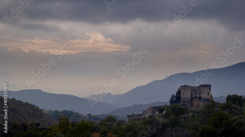 view of castle of Prata Sannita village in italy at sunset