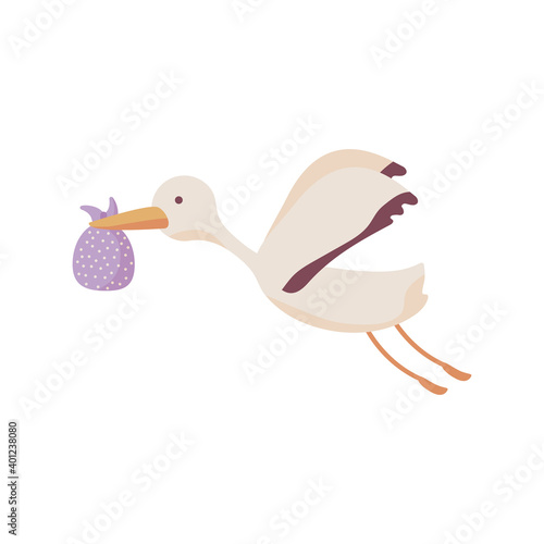 stork flying with baby bag flat style icon