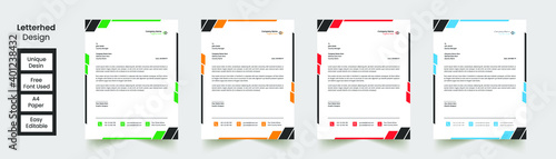 Multipurpose corporate businesses template with a4 size. stationery item modern letterhead. green, blue, red, and yellow with four color variations. 