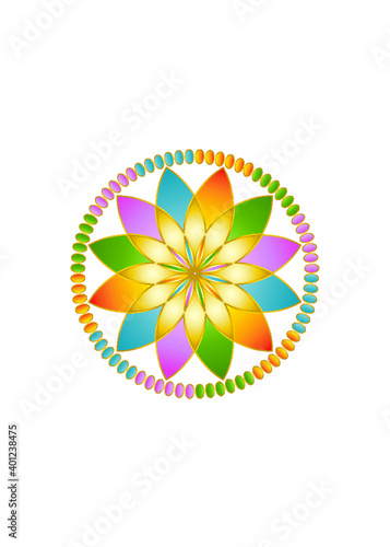 ZODIAQUE Fleur de vie symbole couleur associé aux éléments, jaune: feu ; vert : terre; rose : air ; bleu : eau