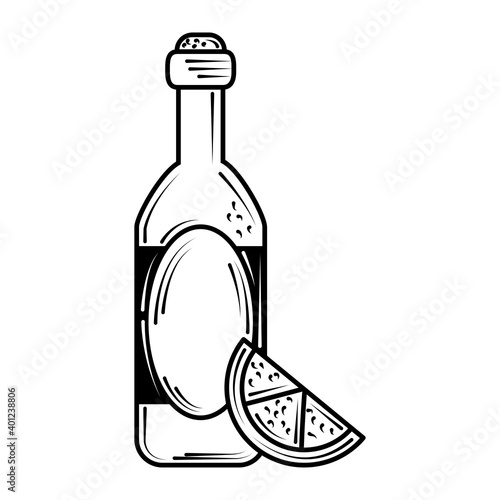 restaurant drink bottle and slice lime in line style