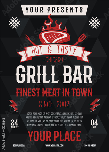Grill bar flyer. Barbecue party brochure. BBQ poster template design. Summer barbeque editable card. Stock vector illustration