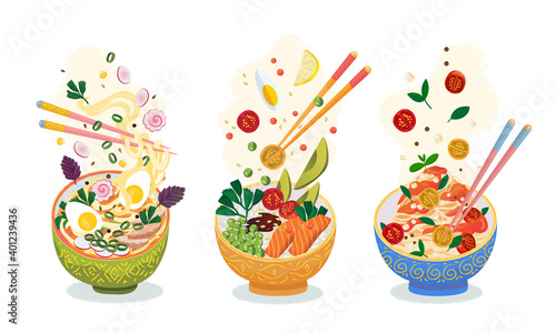 Food meal set. Hot dishes with pasta spaghetty, rice with fish and vegetables, asian ramen noodles soup with egg, served in colorful folk deep bowl. Flying ingridients toppings and chopsticks