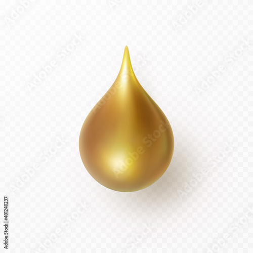 Oil bronzer drop isolated on transparent background. Golden self tanning cream, gold sun body lotion or bronzed serum. Vector bronze sunscreen product droplet