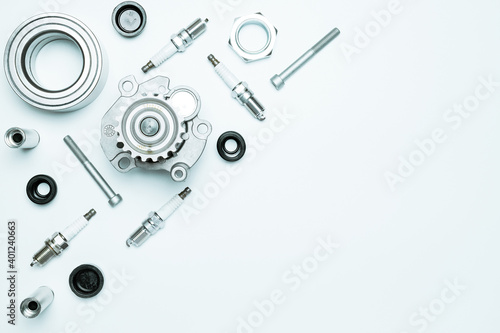 automotive parts. Set of new metal car part. Auto motor mechanic spare or automotive piece isolated on white background. Technology of mechanical gear with space for text.