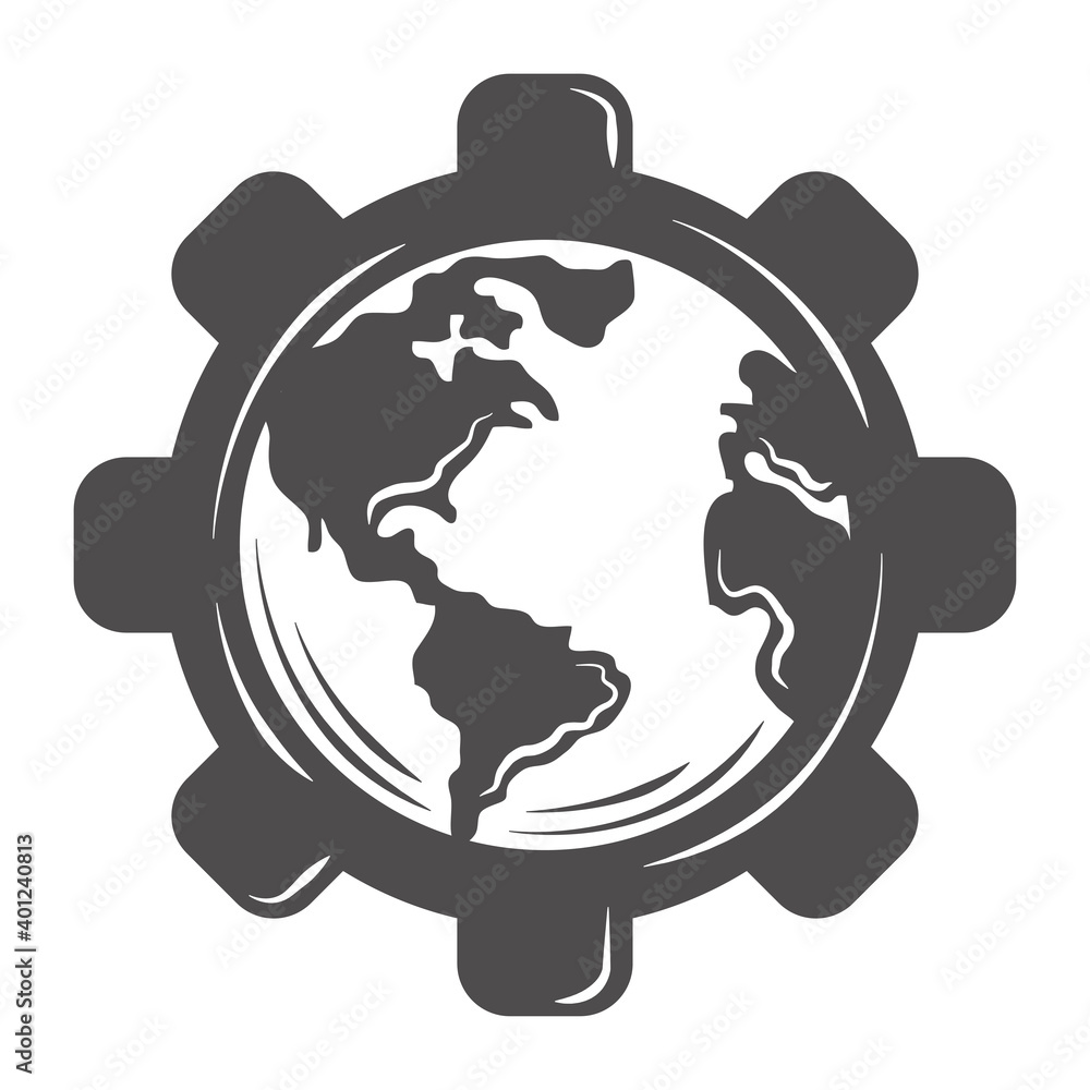 world globe map in gear silhouette icon style world globe map in gear silhouette icon style