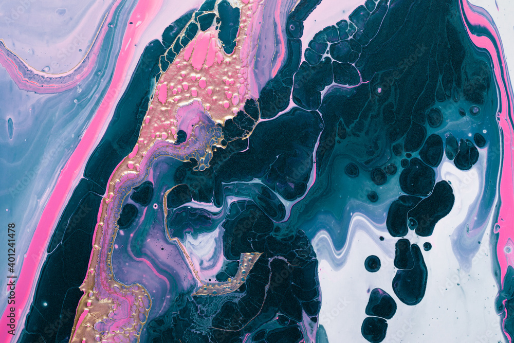 Fototapeta Mix of bright magenta waves and green bubbles. Fluid Art. Marble effect background or texture