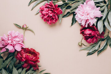 Frame of beautiful peonies on beige background. Mother's day or other holiday background
