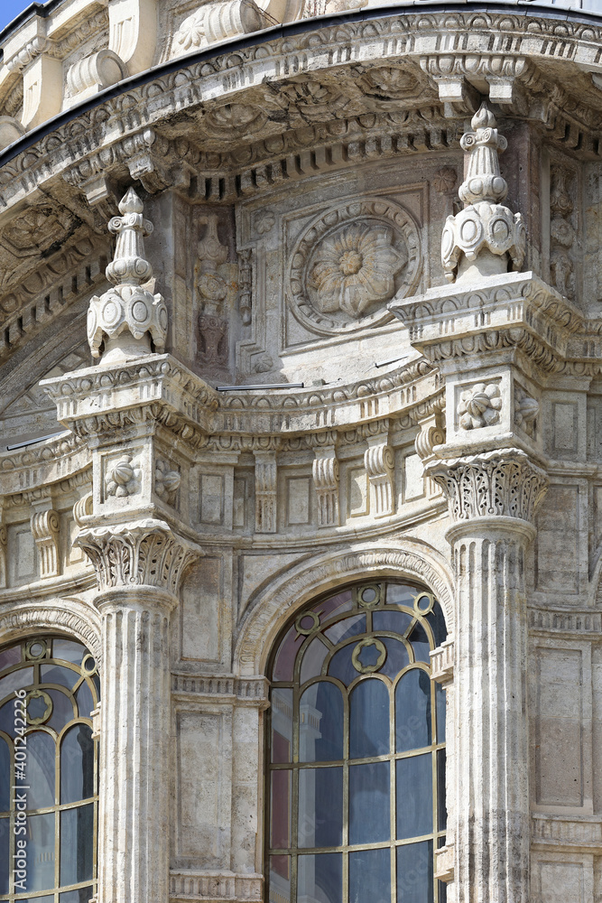 Ottoman Neo-Baroque style Ortakoy Mosque. Detail of the facade. Besiktas district, city of Istanbul, Turkey.