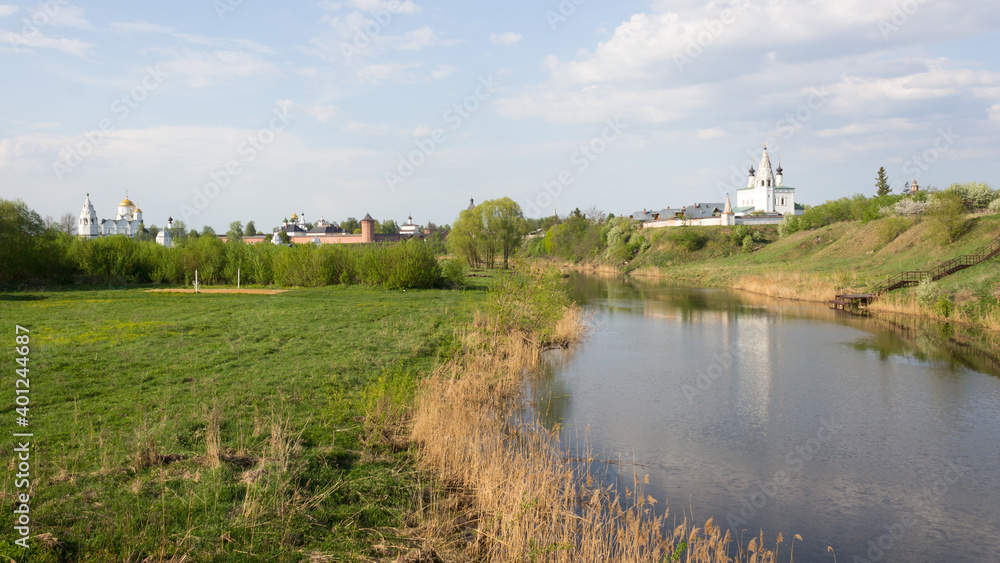 View of the Kamenka river and the domes of the Alexander and Pokrovsky monastery in Suzdal View of the Kamenka river and the domes of the Alexander and Pokrovsky monastery in Suzdal