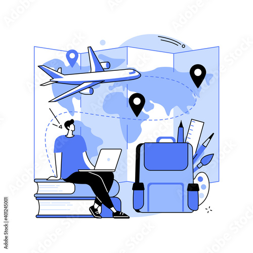 Educational tourism abstract concept vector illustration. International edu tourism, education abroad, entertaining studying, exchange student, vacation, group in airport abstract metaphor.