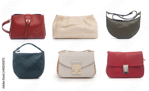 group of multicolored women leather handbags isolated on white background (ID: 401245075)