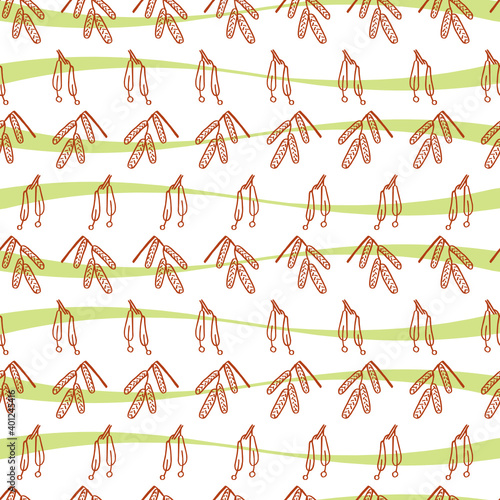 Hand drawn set of catkins and winged seeds as a background. Color seamless pattern. Vector illustration